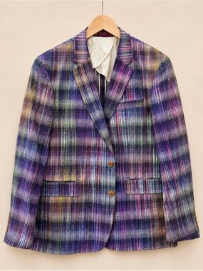 Robert Graham Rainbow Plaid Sport Coat Blazer 46 Classic Fit Purple Cotton Blend